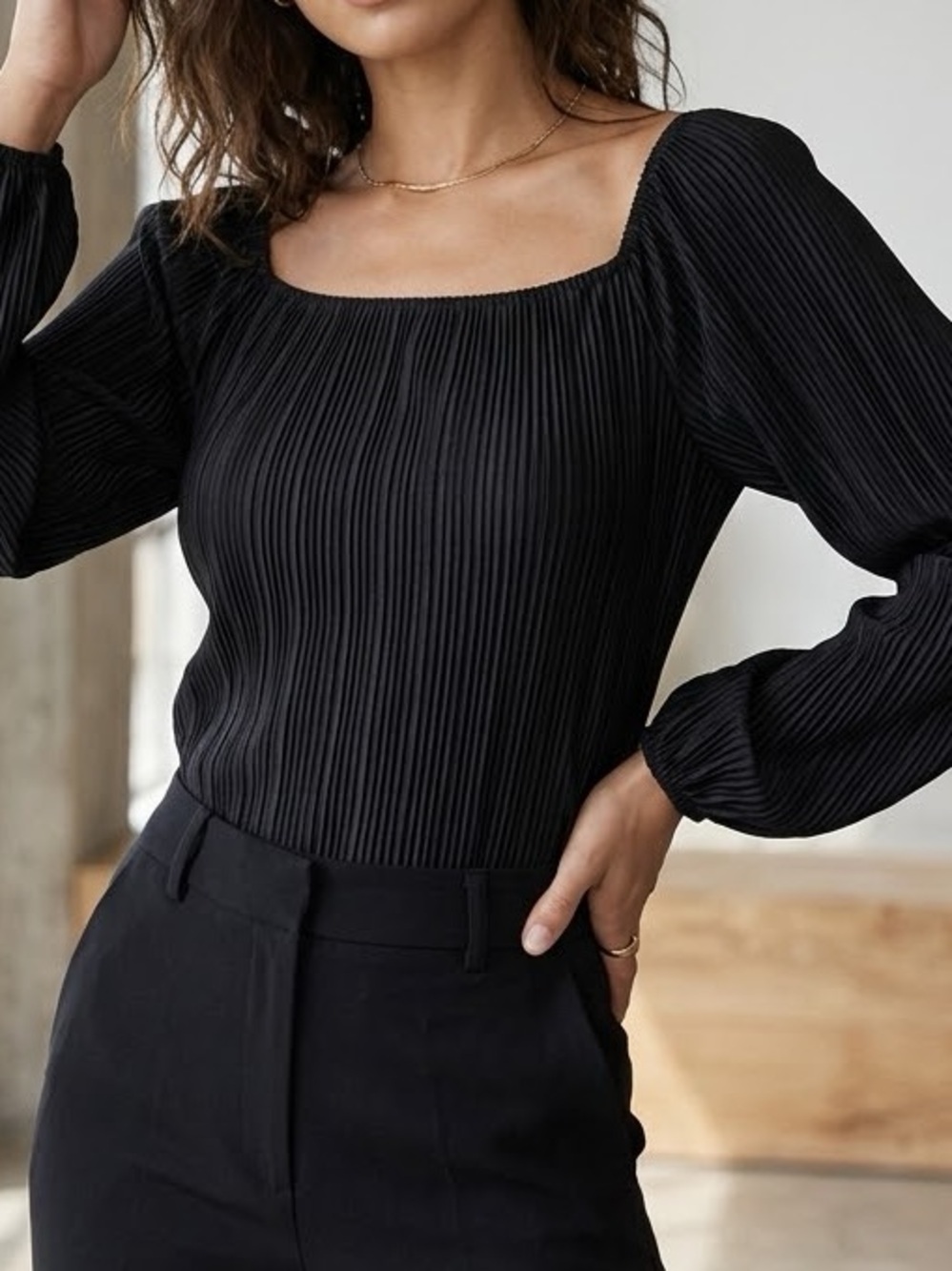 BB Dakota Black Plisse Square-Neck Top